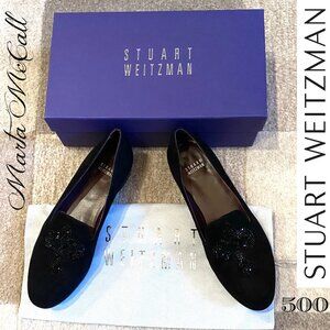 STUART WEITZMAN 8M Black Suede Shoes With Beaded Fleur de Lis